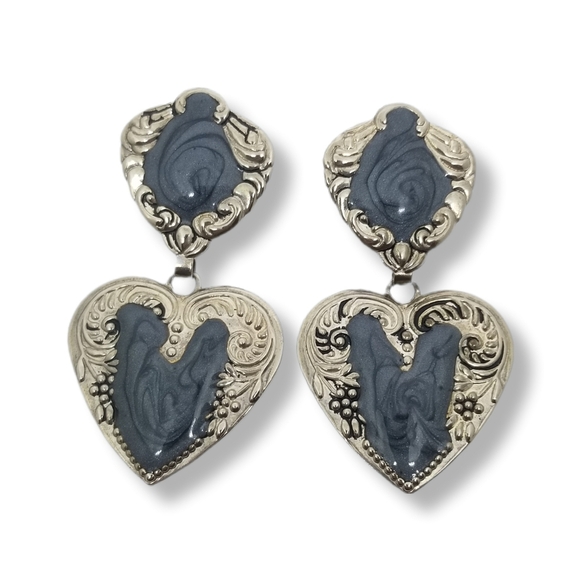 VINTAGE ART NOUVEAU STYLE SILVERTONE & ENAMEL HEART DROP EARRINGS - Picture 1 of 4